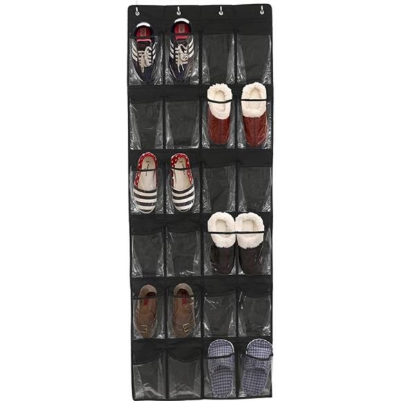 24 Pockets Crystal Clear Over The Door Hanging Shoe Organizer Black 64'' x 19'' - Picture 7 of 7